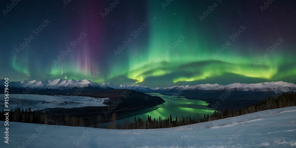 Northern panorama view of aurora in sky night full of beauties, combination of purple and green colors aurora borealis in unique landscape Northern panorama view of aurora in sky night full of beauties, combination of purple and green colors aurora borealis in unique landscape