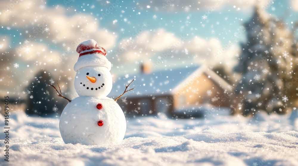 Happy snowman standing in christmas landscape. Snow background with copy space Happy snowman standing in christmas landscape. Snow background with copy space