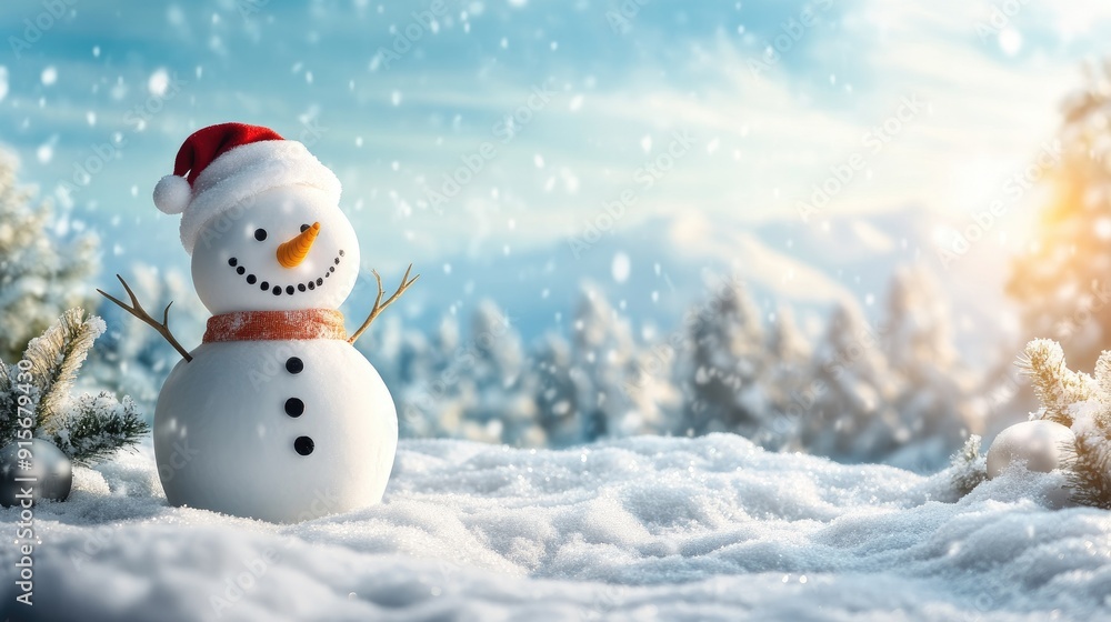 Obraz premium Happy snowman standing in christmas landscape. Snow background with copy space