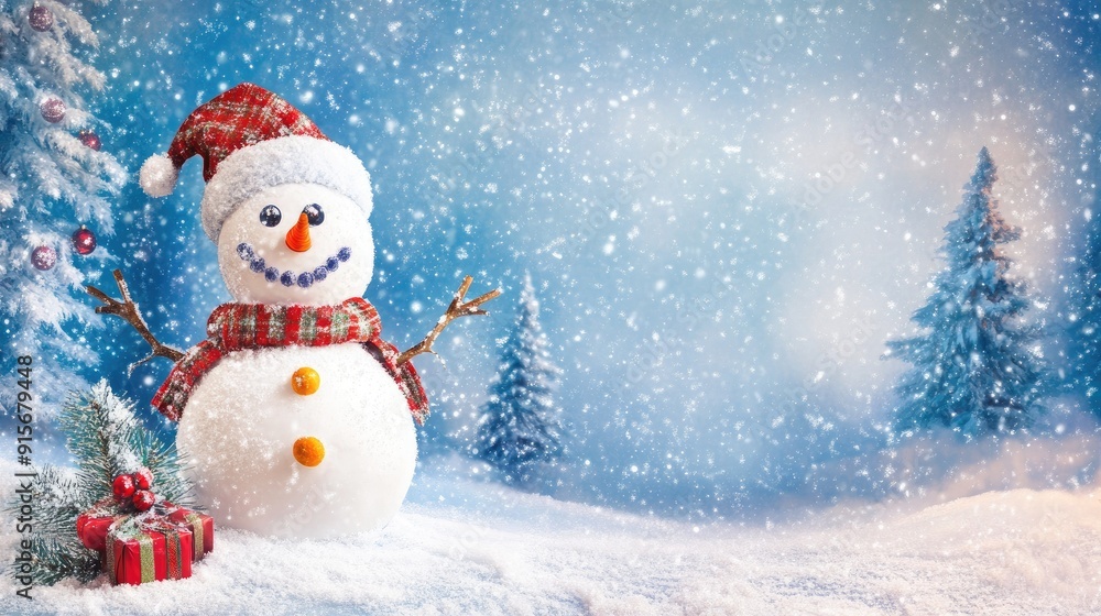 Happy snowman standing in christmas landscape. Snow background with copy space
