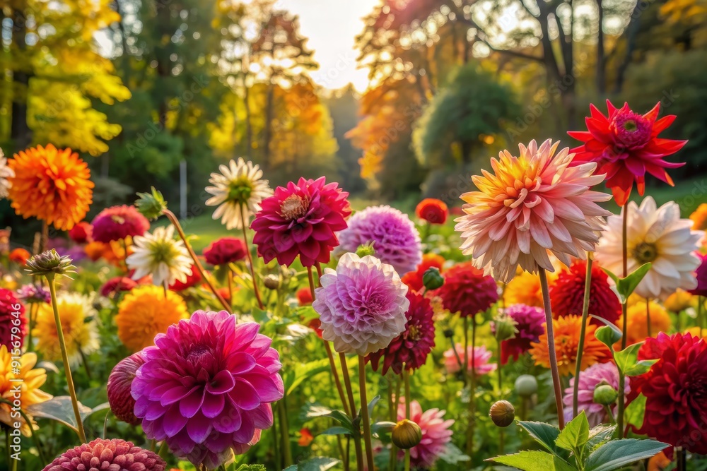 Vibrant dahlia flowers of various colors bloom amidst lush greenery and rustic foliage in a serene autumn park on a sunny day. Vibrant dahlia flowers of various colors bloom amidst lush greenery and rustic foliage in a serene autumn park on a sunny day.