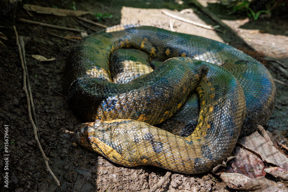 Fototapeta premium Anaconda. The green or common anaconda is a species of constrictor snake of the boa family.