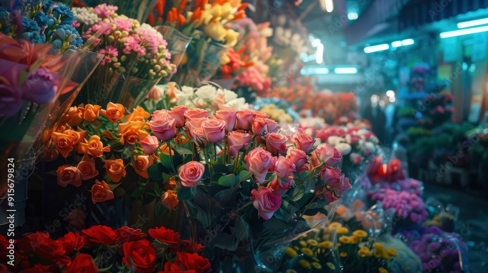Fototapeta premium A vibrant flower market with fresh flowers and an array of colors.