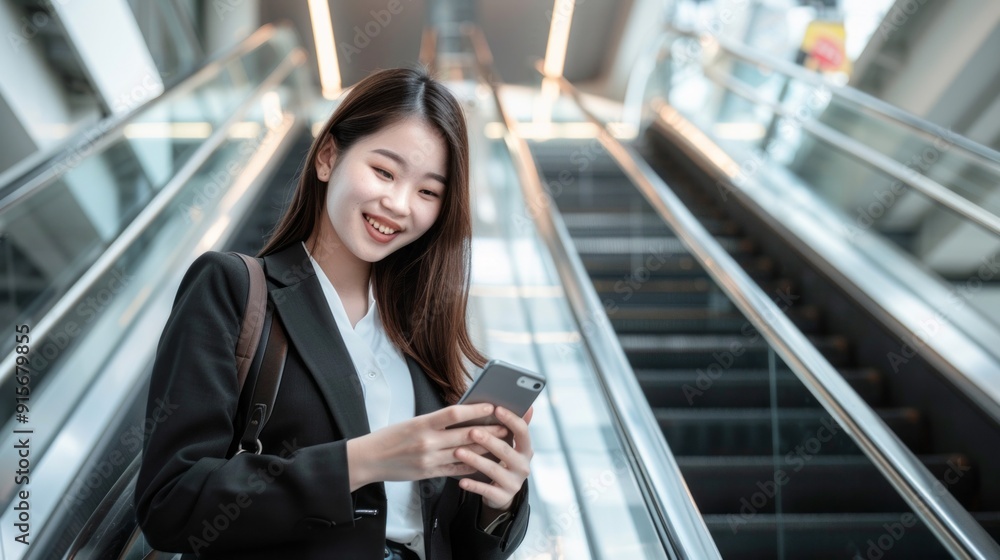 Smiling Asian businesswoman wearing suit standing on urban escalator using applications on cell phone Smiling Asian businesswoman wearing suit standing on urban escalator using applications on cell phone