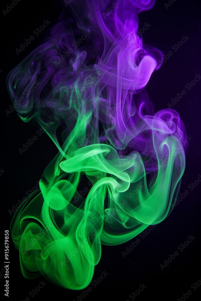 Fototapeta premium Abstract colorful smoke art in purple and green hues on a dark background.