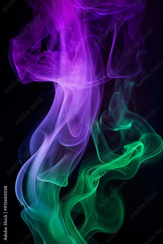Abstract colorful smoke art in purple and green hues on a dark background. Abstract colorful smoke art in purple and green hues on a dark background.