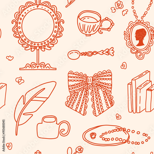 Coquette style seamless pattern with vintage items set. Feminine accessories: mirror, tea cup, feather, bow, books, locket, jewelry arranged on a light background
