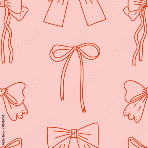 Seamless pattern of different coquette bows on a soft pink background. Bows pattern. Red ribbons on pink backdrop. Perfect for wrapping paper