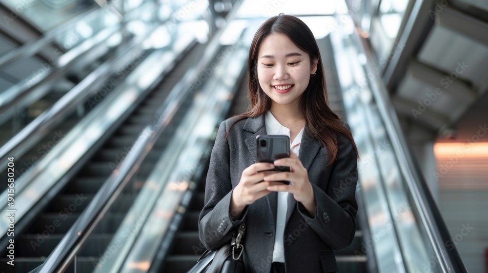 Asian businesswoman wearing suit standing on urban escalator using smartphone Asian businesswoman wearing suit standing on urban escalator using smartphone