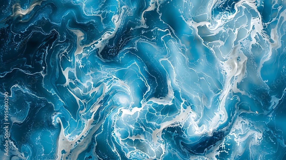 Aerial view of blue and turquoise marble with swirling patterns, capturing the dynamic movement of ocean waves under bright sunlight. --ar 16:9 --v 6.0 --s 250 --style raw Aerial view of blue and turquoise marble with swirling patterns, capturing the dynamic movement of ocean waves under bright sunlight. --ar 16:9 --v 6.0 --s 250 --style raw