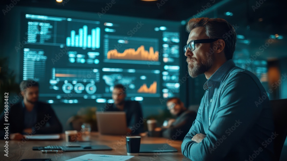 A business team in a conference room discusses financial forecasts and investment opportunities. A business team in a conference room discusses financial forecasts and investment opportunities.
