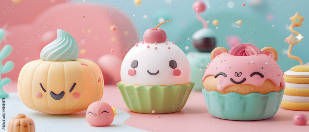 set of Adorable clay ,a cup cake of different varieties, muted pastels, 3D clay icon, Blender 3d, kawaii sweet cake, cute desert set of Adorable clay ,a cup cake of different varieties, muted pastels, 3D clay icon, Blender 3d, kawaii sweet cake, cute desert