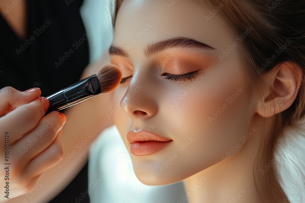 Young woman receiving professional makeup application in a bright, cozy studio during the morning Young woman receiving professional makeup application in a bright, cozy studio during the morning