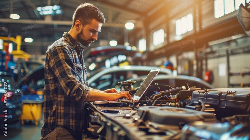 Professional mechanic standing beside a car, using a laptop to run diagnostic software, with an open toolbox and spare parts in the background. Professional mechanic standing beside a car, using a laptop to run diagnostic software, with an open toolbox and spare parts in the background.