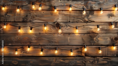 Wood Lights: Vintage Garland String Lights on Wooden Border with Copy Space