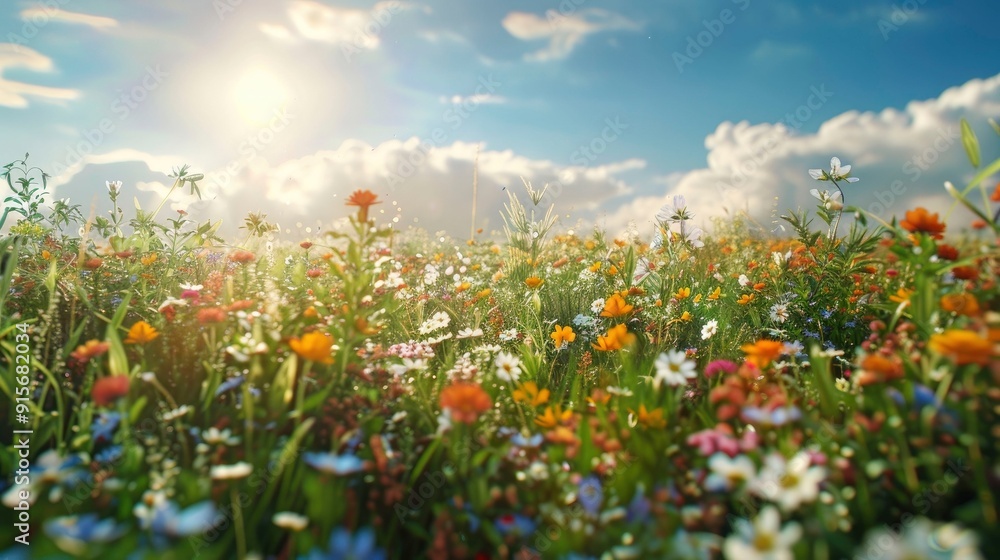 A vibrant meadow with colorful wildflowers under a sunny sky. A vibrant meadow with colorful wildflowers under a sunny sky.