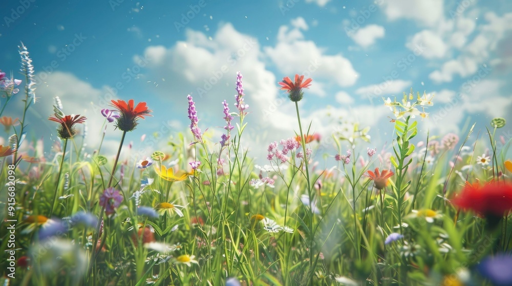 A vibrant meadow with wildflowers in full bloom. A vibrant meadow with wildflowers in full bloom.