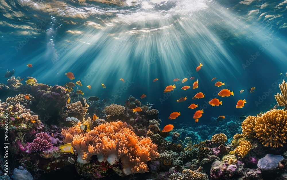 Obraz premium Generative AI of Sunlit Coral Reef and Tropical Fish Concept for Underwater Photography, Marine Ecology Studies, and Eco-Tourism Destinations