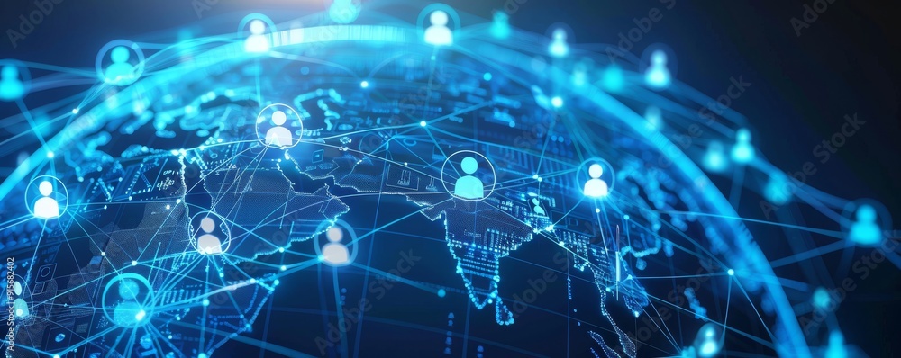 Obraz premium Global digital network connection with interconnected user icons, visualizing global communication and technology.