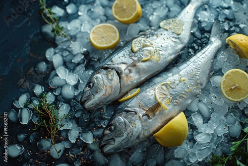 A realistic shot of freshly caught fish lying on crushed ice, surrounded by lemon slices and herbs photo