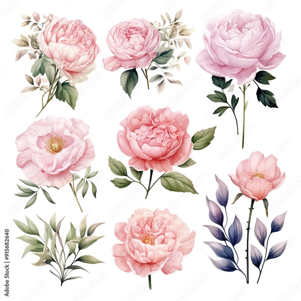 Set of nine pink flowers with leaves isolated on white background. Set of nine pink flowers with leaves isolated on white background.