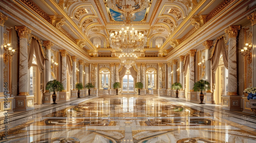 Obraz premium Luxurious grand hall with ornate chandeliers, detailed ceiling, and marble flooring in a classic, elegant, and opulent interior setting.