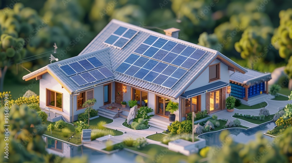 Modern eco-friendly house with solar panels on the roof, surrounded by lush greenery, symbolizing sustainable living and green energy. Modern eco-friendly house with solar panels on the roof, surrounded by lush greenery, symbolizing sustainable living and green energy.