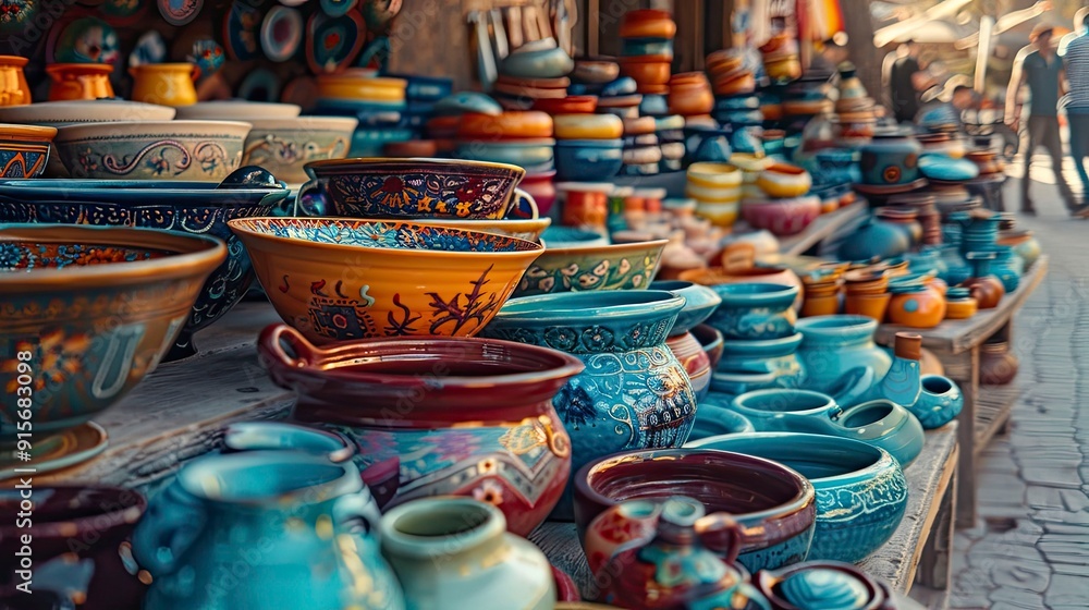 A vibrant pottery market with handcrafted ceramics in various colors. A vibrant pottery market with handcrafted ceramics in various colors.