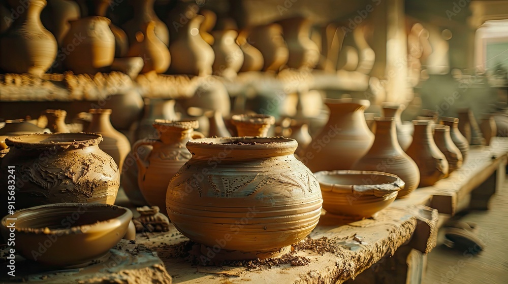 A vibrant pottery studio with clay being molded into beautiful shapes. A vibrant pottery studio with clay being molded into beautiful shapes.