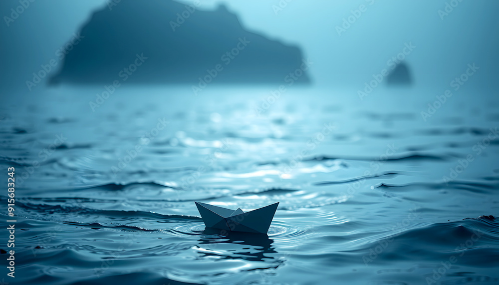 Fototapeta premium metaphoric Paper Boat Floating Under a Misty Blue Sky, challenge