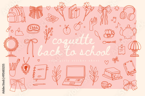 Collection of coquette girly back-to-school stationery and accessories. Hand drawn doodle illustrations, charming vintage designs on a soft pink background