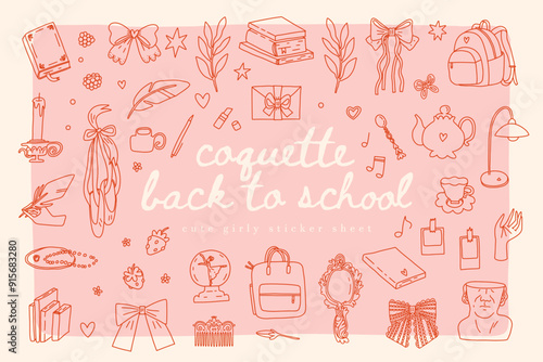 Collection of coquette girly back-to-school stationery and accessories. Hand drawn doodle illustrations, charming vintage designs on a soft pink background