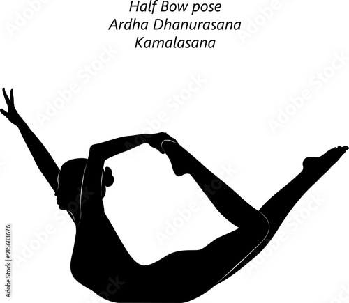 Silhouette of young woman practicing Ardha Dhanurasana or Kamalasana yoga pose. Half Bow pose. Intermediate Difficulty. Isolated vector illustration