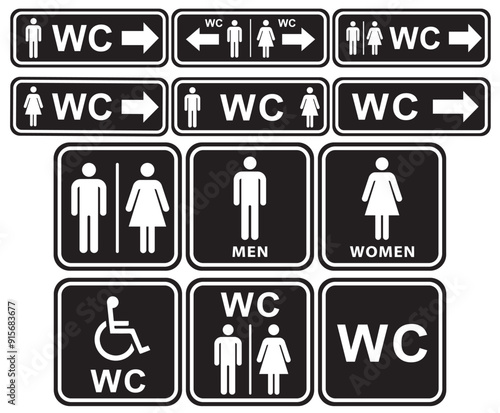 WC toilet directional sign set on isolated white background, black and white color