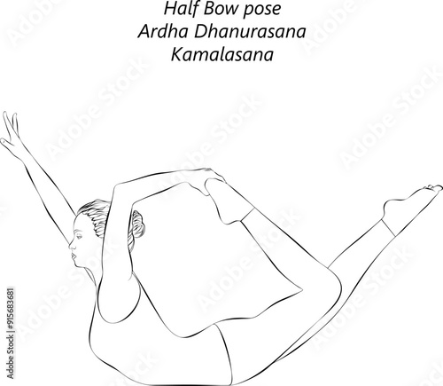 Sketch of young woman practicing Ardha Dhanurasana or Kamalasana yoga pose. Half Bow pose. Intermediate Difficulty. Isolated vector illustration.