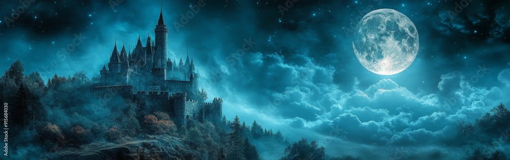 Mysterious Medieval Castle Under Moonlit Sky Mysterious Medieval Castle Under Moonlit Sky