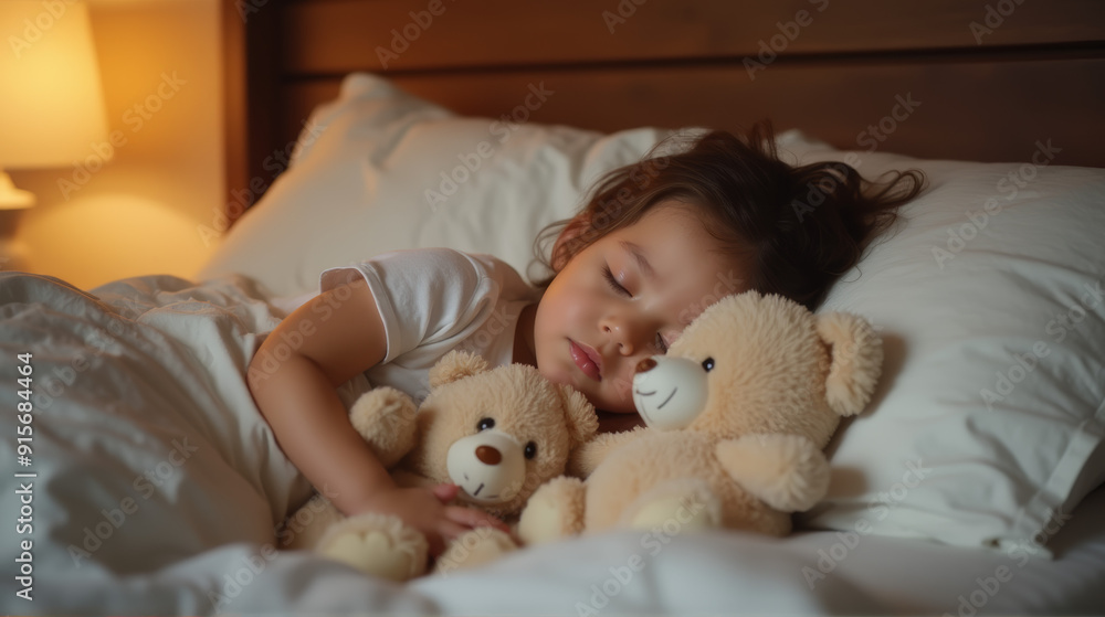 A serene image of a young child sleeping peacefully in bed, cuddling soft teddy bears. The warm, soft lighting creates a cozy and comforting atmosphere. A serene image of a young child sleeping peacefully in bed, cuddling soft teddy bears. The warm, soft lighting creates a cozy and comforting atmosphere.