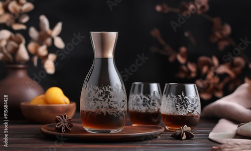 Elegant glass decanter with two matching glasses, filled with dark liquor, set on a wooden tray with a cozy, warm background. photo