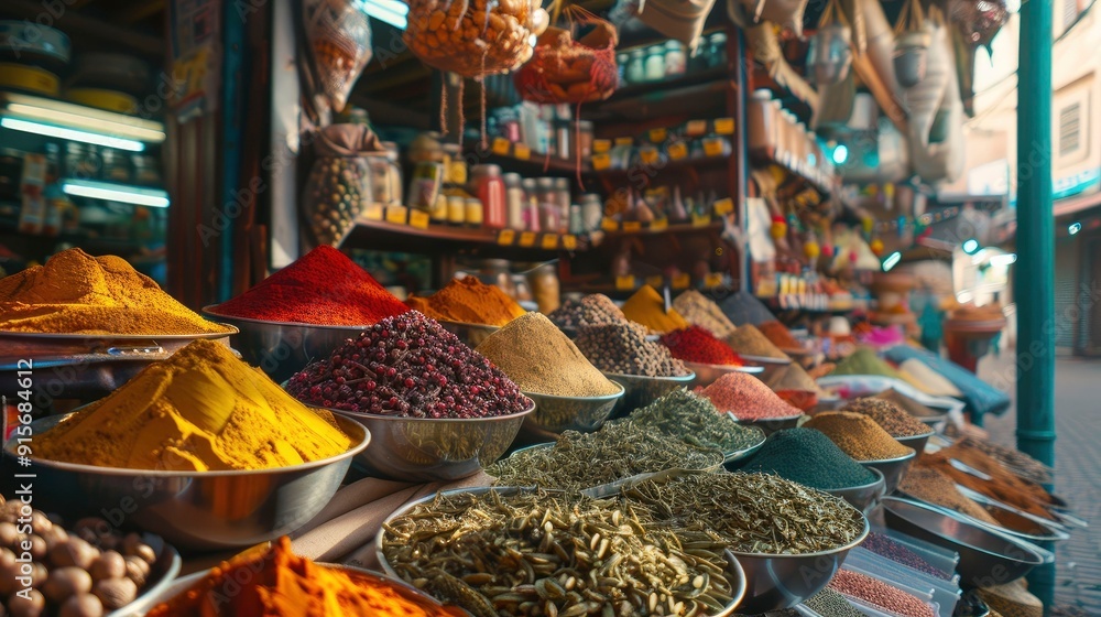 A vibrant spice market with an array of colorful spices and aromatic herbs. A vibrant spice market with an array of colorful spices and aromatic herbs.