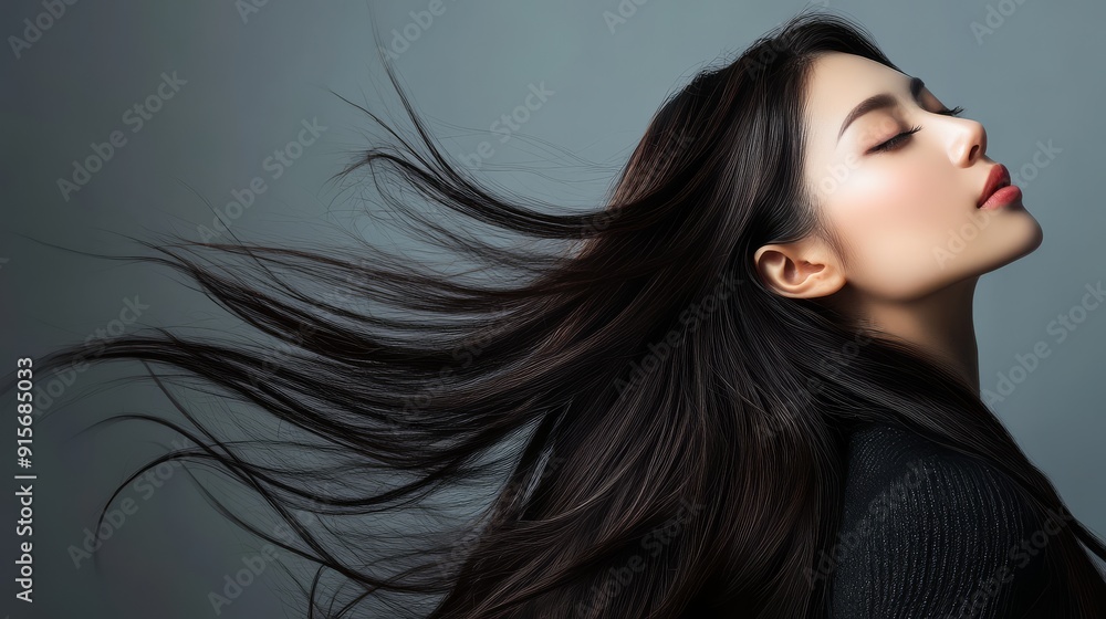 Naklejka premium A graceful model showcases her smooth hair, exuding elegance and confidence