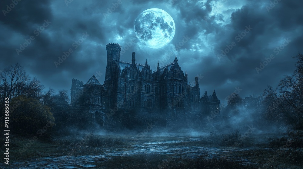 Mysterious Medieval Castle Under Moonlit Sky Mysterious Medieval Castle Under Moonlit Sky