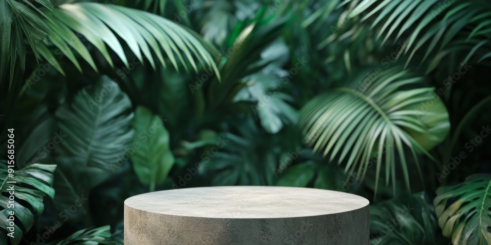 Podium made of natural minimalist round stone against a background of tropical palm leaves Podium made of natural minimalist round stone against a background of tropical palm leaves
