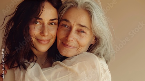 Tender smiling daughter lovingly hugs her elderly mother by the shoulders. Beauty portrait of beautiful women of two generations on beige background.