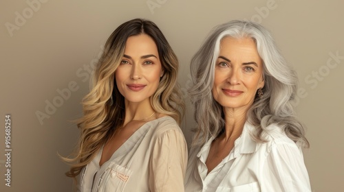 Tender smiling daughter lovingly hugs her elderly mother by the shoulders. Beauty portrait of beautiful women of two generations on beige background.
