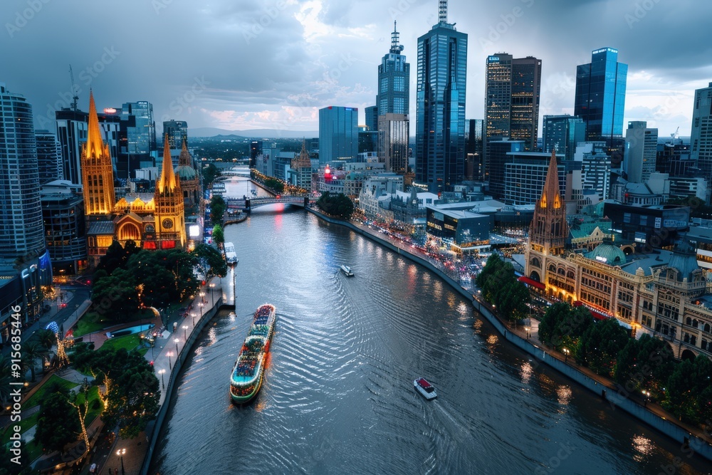Fototapeta premium This scenic cityscape photo captures a river cutting through the heart of a city, flanked by vibrant buildings and bustling activity along the river banks during twilight.