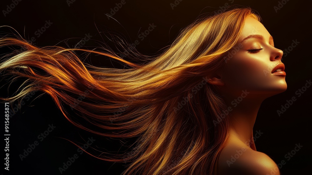 A stunning woman showcases her smooth hair in a radiant light A stunning woman showcases her smooth hair in a radiant light