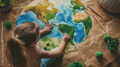 Young girl crafting colorful Earth map on brown paper. photo