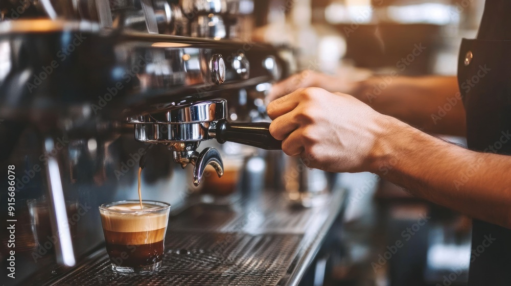 Barista using coffee machine to make coffee in cafe Barista using coffee machine to make coffee in cafe