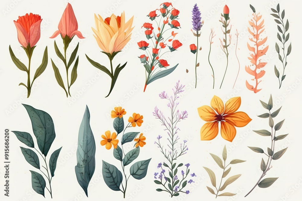 Set of watercolor illustrations featuring various flowers and branches. Set of watercolor illustrations featuring various flowers and branches.