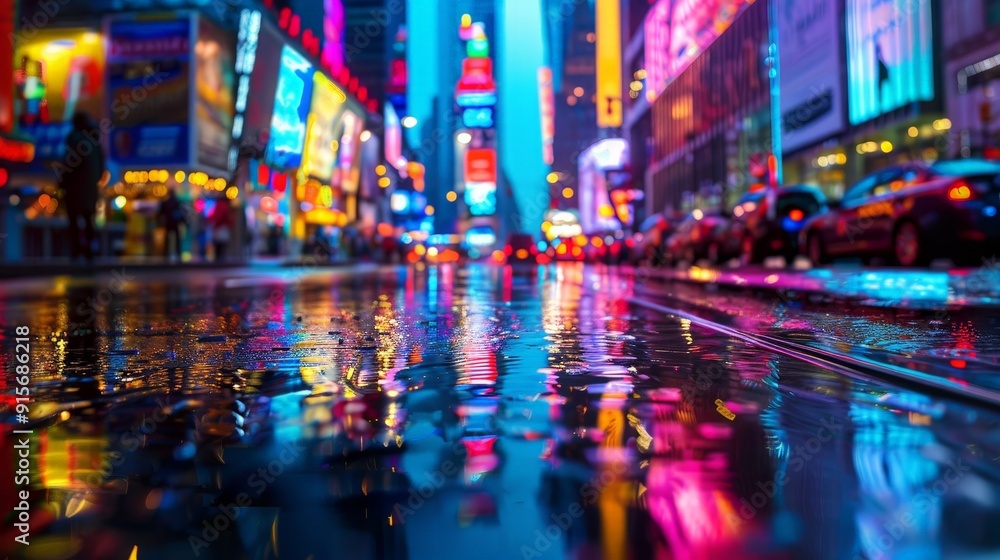 Create a dynamic image of city lights reflecting off a wet street after a rainstorm. Capture the vibrant colors and reflections, with neon signs and streetlights creating a lively, urban atmosphere. Create a dynamic image of city lights reflecting off a wet street after a rainstorm. Capture the vibrant colors and reflections, with neon signs and streetlights creating a lively, urban atmosphere.